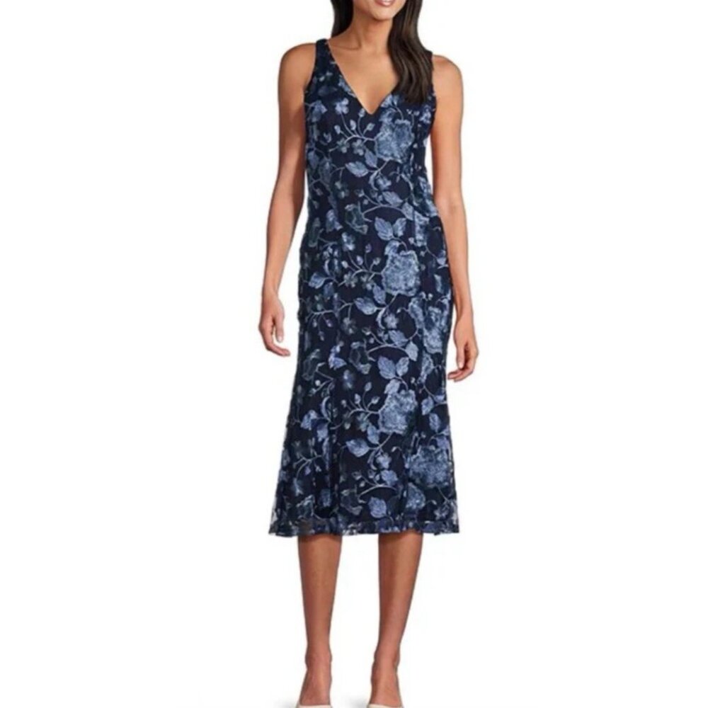 Marina Midi Dress Womens L Navy Floral Lace Embroidered Party Cocktail NEW $139